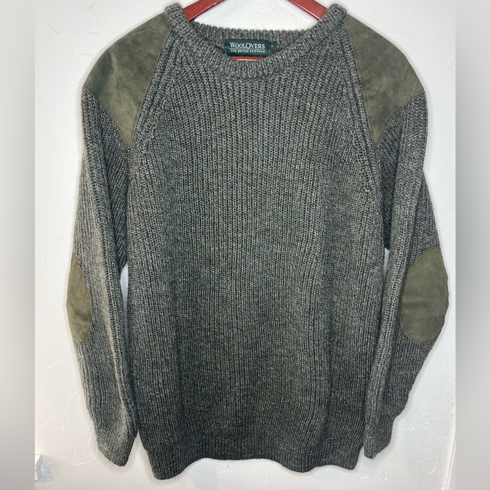 WoolOvers British Wool Ribbed Sweater with Shoulder‎ and Elbow Patches Large